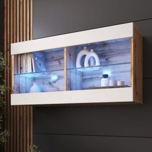 Vitrine Suspendue Tivoli Horizontal 100, Wotan/Blanc, led Bleues Largeur 100cm x Hauteur 50cm x Profondeur 29,5cm, 2 &eacute;tag&egrave;res en verre, pour Salon,