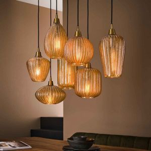 M&S Suspension 7 lampes 95x38x150 cm en verre ambré marron