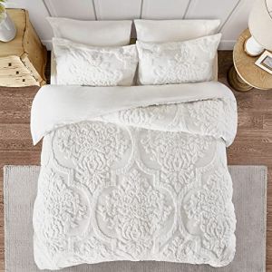 Madison Park Parure de lit en chenille touffet&eacute;e 100 % coton - Housse de couette moderne de luxe toutes saisons avec taies assorties - Tr&egrave;s grand lit/tr&egrave;s grand lit californien (264,2 x 233,7 cm), damass&eacute; blanc cass&eacute;, 3 pi&egrave;ces
