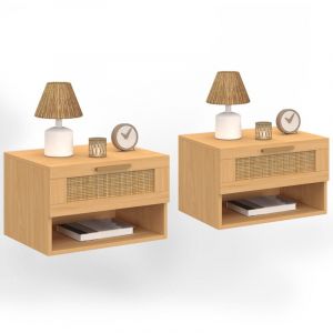 Idmarket Lot de 2 tables de chevet murales ROBERT 1 tiroir avec niche effet naturel cannage et bois