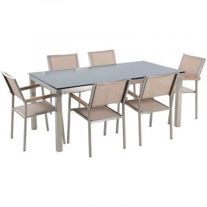 Beliani Ensemble de jardin table en verre noire et 6 chaises beiges - GROSSETO