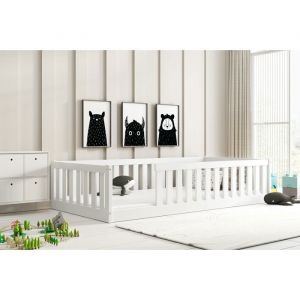 Interbeds - Lit enfant Bella 96x194 Dim. Matelas 90x190 Style Montessori – Au sol- Barrière de Sécurité - Sommier à Lattes- Bois Massif- Pin-Sans