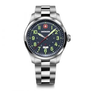 Wenger Montre pour Homme Terragraph Analogique Quartz, Ø 43 mm, Swiss Made, Étanche jusqu'à 100 m, Bleu/Argent, Bracelet en Acier, 01.0541.123