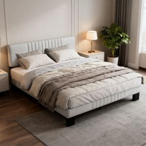 Cadre de lit 140x190 cm - hauteur 26.5 cm - sommier à Lattes et tête de lit capitonnée -Hauteur de la tête de lit réglable- compatible matelas 140 x