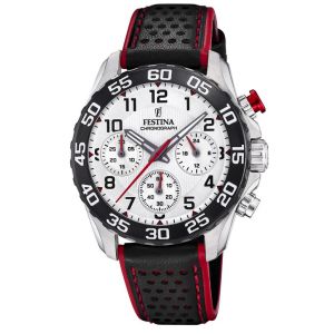 Festina Montre F20458-1 - JUNIOR Chronographe Bo&icirc;tier Acier Argent&eacute; Bracelet Cuir Noir Cadran Blanc