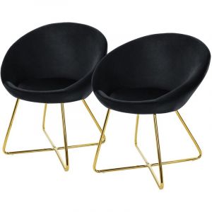Lot de 2 Chaises de Salle à Manger en Velours, Noir, avec Dossier Rond, Assise Rembourrée, Pieds en Métal Doré, Chaise de Maquillage, Fauteuil