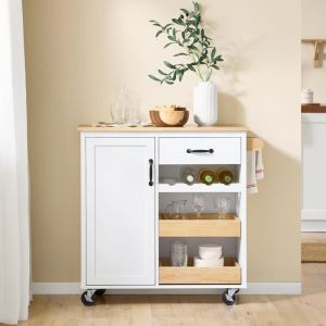 Sobuy Desserte de Cuisine sur Roues avec Plan de Travail en Bois, Chariot Rangement Mobile avec Tiroir, Plateaux et Placard – Meuble Cuisine Blanc