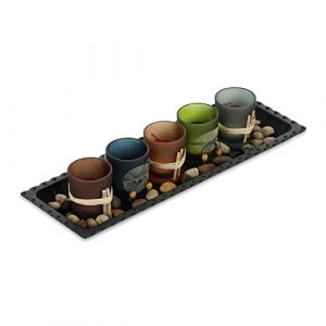 Relaxdays Porte-bougies lot, plateau et pierres, 38,5 cm, décoration table salon, salle à manger, bougeoir, multicolore