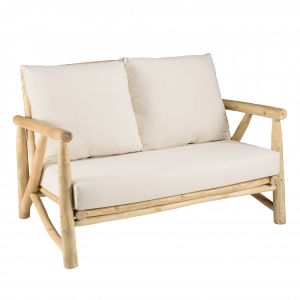 Macabane Canapé 2 places en branches de teck naturel coussins blancs