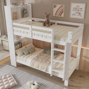 Oem Lit superpos&eacute; enfant - 90x200cm - Bois massif - &Eacute;tag&egrave;res - &Eacute;chelle &agrave; trois marches