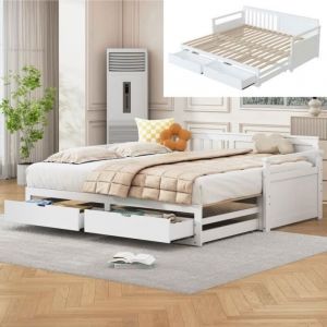 Lit gigogne &ndash; 90&times;190/180&times;190 cm Lit simple/double Canap&eacute;-lit multifonctionnel 2 en 1 avec lit en pin, tiroirs et lit gigogne, blanc