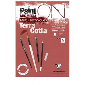 Clairefontaine 976154C Bloc Encollé PaintON Multi-techniques Terracotta A3 29,7x42 cm 250g - 20 Feuilles Papier Dessin Multi-techniques au Grain Légèrement Rugueux - Terracotta