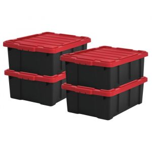 Iris Ohyama Caisse Rangement avec Couvercle Robuste, 43L, Lot de 4, Rouge, Compact, Durable, Empilable, pour Garage, Etagères, Déménagement, Plastique, Boite a Outils, Bac de Rangement, DDSKT-430