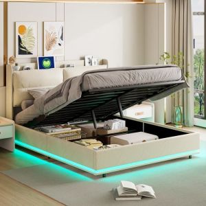 Lit coffre 140x200cm - lit double led avec sommier à lattes et tête de lit avec dossier zippé et port charge - velours beige-blanc
