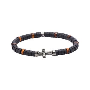 Bracelet Perles Heishi Pierres Naturelles Agate Noire Tigre Croix Acier Antique