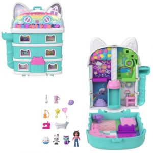 Polly Pocket Coffret Gabby et la Maison Magique, Mini-Figurines et Coffret de Jeu, 9 Accessoires à thème, Chats Pandy Pattes, Ptichou et Marine, JFV02