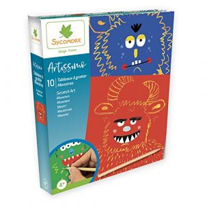 Sycomore Artissimo-10 Tableaux à gratter-Monstres-Scratch Art-Loisirs Créatifs Enfant-Dès 4 ans -CREA002, CREA002, Plusieurs Couleurs