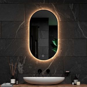 Mirlux Miroir de salle de bain avec éclairage LED et chauffage - Miroir mural ovale - Miroir de douche anti-condensation - Noir - 90x50CM