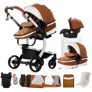 Poussette Magic Zc Poussette 3 En 1 Pousette Bebe Poussette Pliage Automatique Cuir Pu Sac &Agrave; Main Porte-B&eacute;b&eacute; Avec Grand Panier Kaki