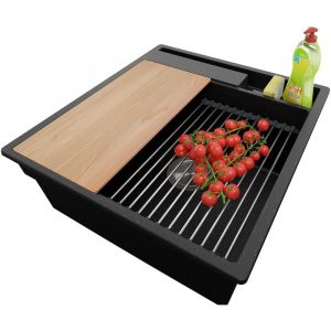 Primagran - vier Cusine en Granit 48x53 cm Lavabo Cuisine 1 Bac + Kit de Vidage, Évier au meuble 50cm Évier à Encastrer de Noir Metallic