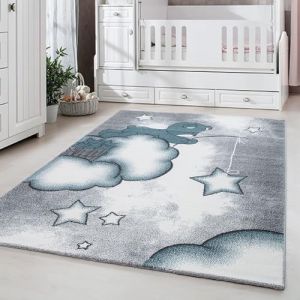 Carpetsale24 Tapis pour Chambre dEnfant et de Bébé motif ours nuage et étoile couleur bleu gris et blanc 140x200 cm