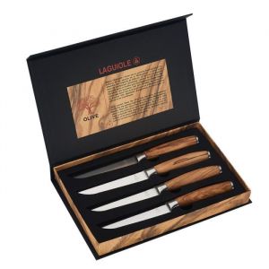 Laguiole Coffret de 4 Couteaux à Steak avec Manches en Bois d'Olivier - Olivier - marron