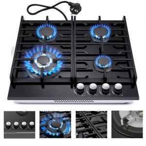 Plaque de cuisson gaz Topstrong 4 feux,verre trempé noir 60 cm,convertible gn/gpl