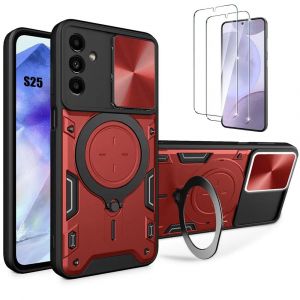 Coque pour Samsung Galaxy S25 avec 2 Verres Tremp&eacute;s, Coque avec Cache Cam&eacute;ra et Anneau Support Rouge - E.F.Connection