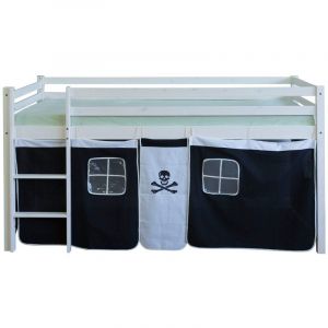 Décoshop26 Lit mezzanine 90x200cm avec échelle en bois blanc et toile noir pirate LIT06121