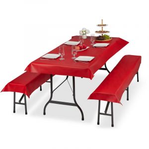 Relaxdays Ensemble pour tente Coussins, 3 pi&egrave;ces,nappe pour la table 250x100cm, 2 housses bancs, lavable, rouge