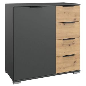 Pegane Commode meuble de rangement coloris graphite/imitation chêne artisan - Longueur 81 x Hauteur 90 x Profondeur 41 cm