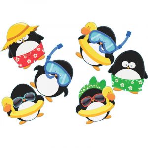 Image de Plage Sticker autocollant décoratif, illustration des pingouins rigolos en maillot de bain et bouée, x2, 30 cm x 21 cm - Multicouleur