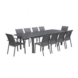 Sweeek Table de jardin extensible aluminium et textil&egrave;ne anthracite 8 chaises 2 fauteuils 10 places 290 x 100 x 75 cm