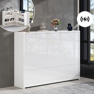 Bureau pliable 115×27×93 cm - Fonction de charge sans fil - Avec étagères et roulettes - Finition haute brillance - Blanc