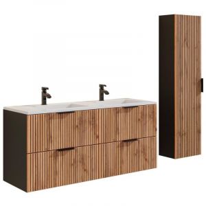 Meuble de salle de bain suspendu strié avec vasque à encastrer avec colonne - Naturel clair et noir - 120 cm - MADELA