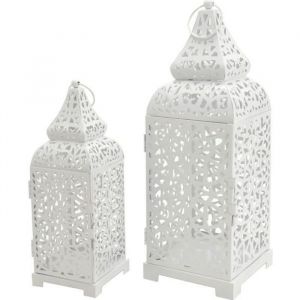 2 Bougeoirs lanternes ethnique en métal blanc