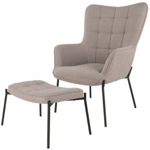 Boris-fauteuil et repose-pied vintage en tissu boucl&eacute; taupe