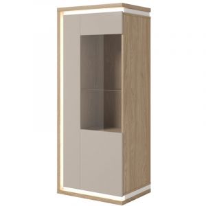 Meublorama - Vitrine basse julia 1 porte – Chêne huilé et beige cashmere avec éclairage led intégré
