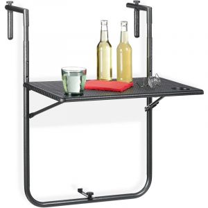Relaxdays Table balcon suspendue, pliante, r&eacute;glable en hauteur 3 niveaux, aspect rotin, r&eacute;sistante, 59,5 x 36 cm, noir