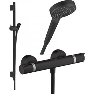 Image de Hansgrohe Pack mitigeur douche thermostatique Ecostat Comfort + Barre Unica S Puro + flexible+ Pommeau Vernis Blend Vario noir mat