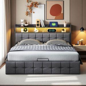 Lit Double 160x200 - Rangement Coffre - LED RGB - T&ecirc;te de Lit USB - Acier Renforc&eacute; Gris