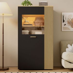 Vitrine 80x40x146cm - Avec éclairage LED - Avec 1 porte - Étagères réglables - Panneaux de particules - Noir + naturel