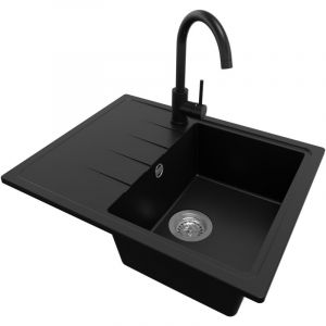 Primagran - Evier Cuisine en Granit 62x50cm, Lavabo 1 bac + Robinet 32x20cm + Kit de Vidage, &Eacute;vier &agrave; Encastrer au meuble 40cm - Milan, Noir