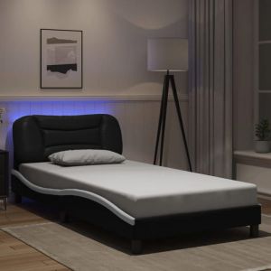 VidaXL Cadre de Lit avec Lumières LED, Lit Rembourré, Lit Simple, Lit Adulte de Chambre à Coucher Intérieur, Moderne, Noir Blanc 100x200 cm Similicuir