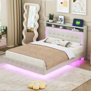 Lit 140x190 - Lin beige - T&ecirc;te de lit avec USB et LED - Sommier &agrave; lattes en bois - Lit double &eacute;l&eacute;gant