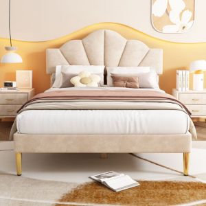 Wishdor - Lit adulte rembourré lit double 140 x 190 cm en forme de coquille. beige