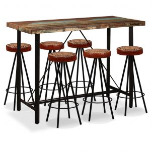Image de VidaXL Ensemble de bar 7 pcs Bois de récupération Cuir véritable et toile