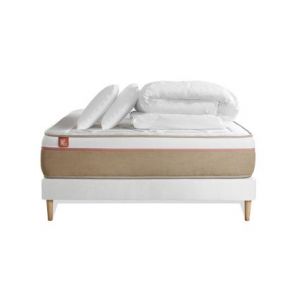Pack matelas sommier kit Blanc Le Soyeux Ressorts ensac s et m&eacute;moire de forme avec 2 oreillers et couette
