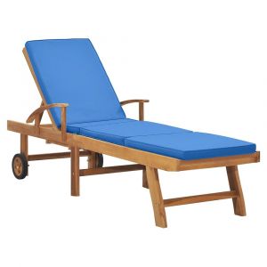 Transat chaise longue bain de soleil lit de jardin terrasse meuble d'extérieur avec coussin bois de teck solide bleu 02_0012428