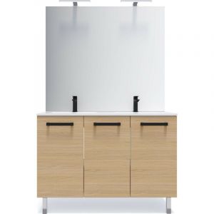 Meuble de salle de bain suspendu avec pieds double vasque intégrée 120cm 3 portes Chêne clair + miroir - Chelsea